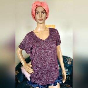 Wine Red V-Neck Tee with Stylish Arm Ruffles - Short Sleeve Casual Top
